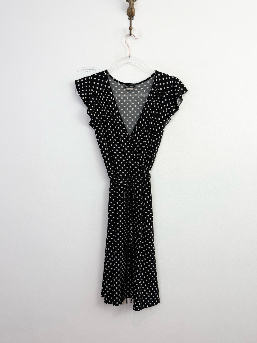 Y2K Wet Seal Black White Polka Dot Faux Wrap Dress Medium